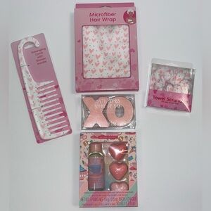 Pink Heart Valentines Set Hair Wrap/Comb/Scrunchie/Body Wash/Bath Bombs/XO Bombs